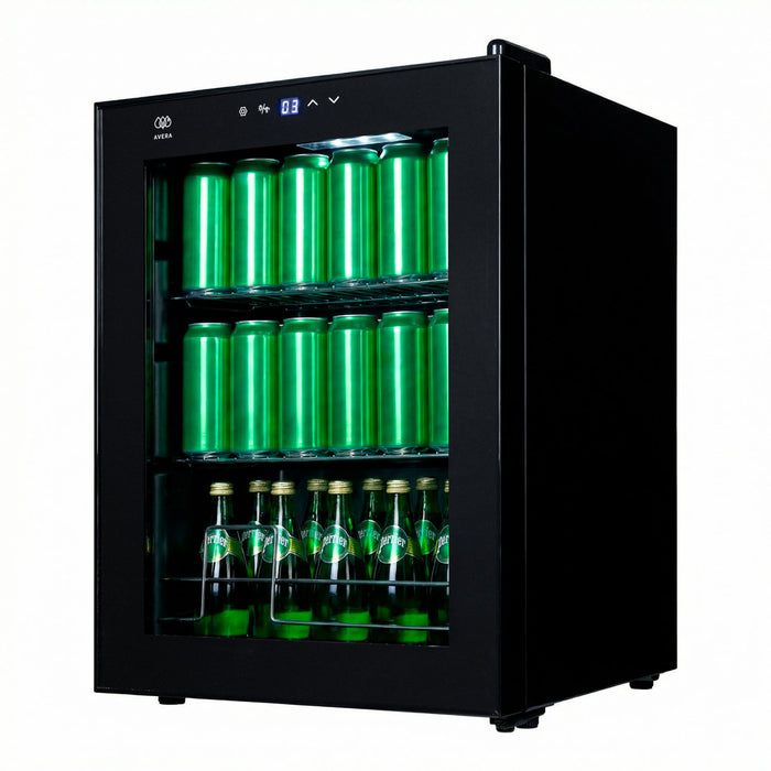 Enfriador de bebidas Avera negro para 50 latas con puerta de cristal, control digital y luz LED interna.
