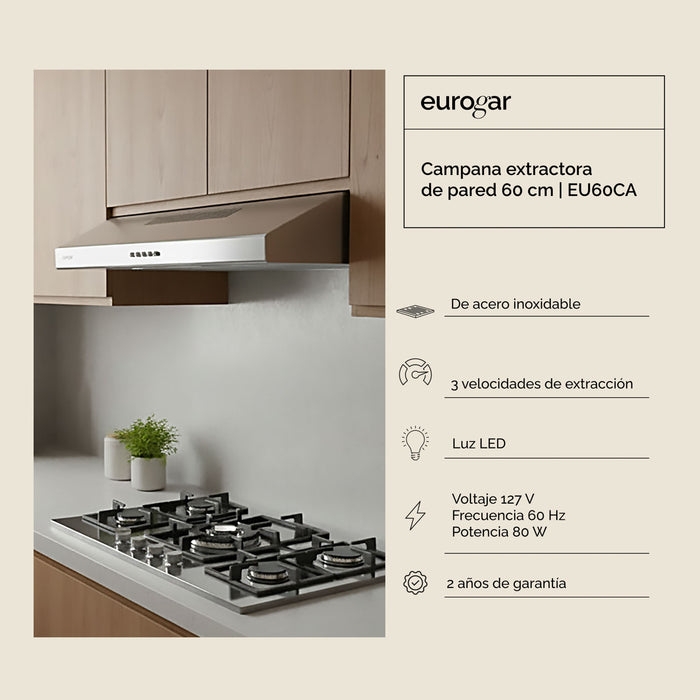Campana de cocina de pared 60 cm, 180 m³/h de extracción, acero inoxidable - eurogar