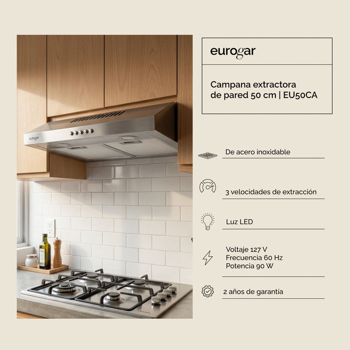 Campana de cocina de pared 50 cm, 180 m³/h de extracción, acero inoxidable - eurogar