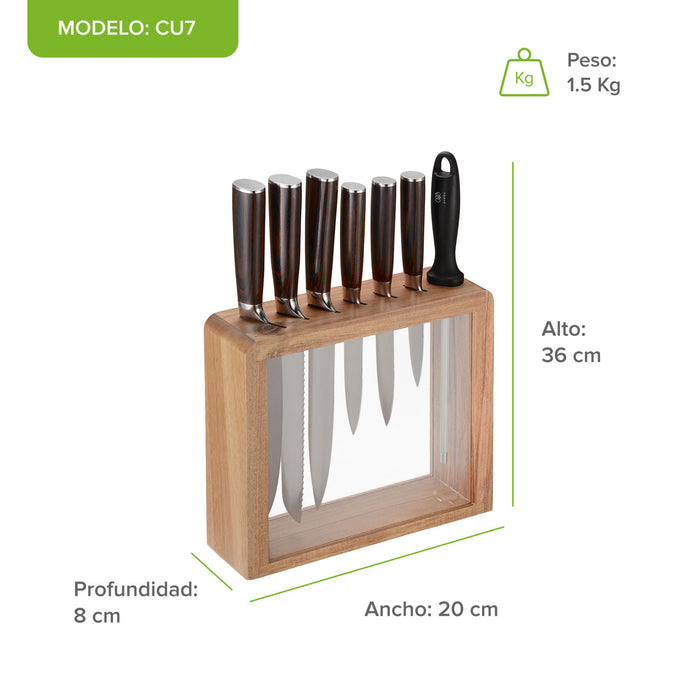 Juego de cuchillos de acero inoxidable con base de madera - 7 piezas