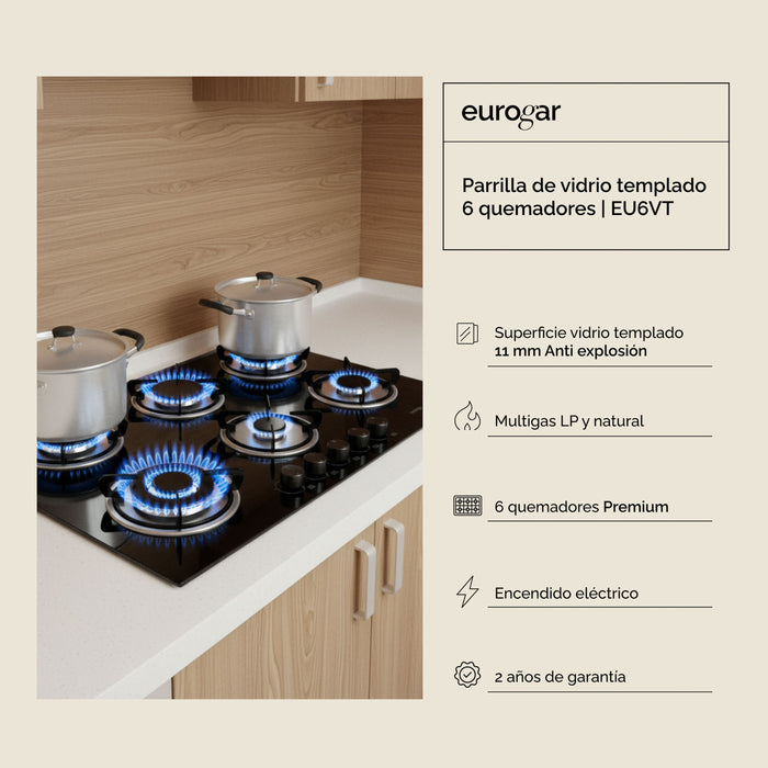 Parrilla de gas 6 quemadores 90 cm en vidrio templado - eurogar