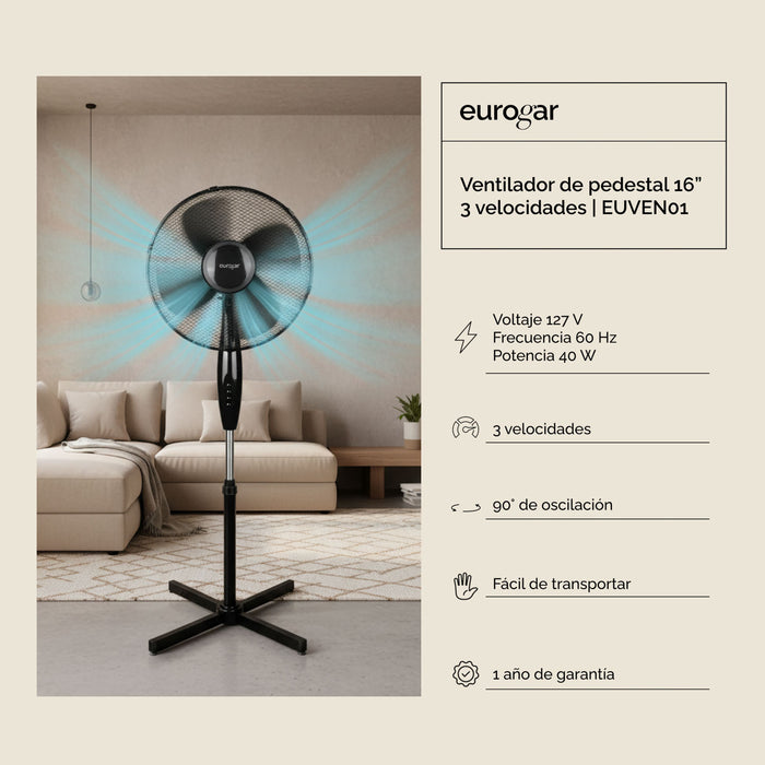 Ventilador de pedestal 16 pulgadas, 3 velocidades, oscilación 90° y altura ajustable