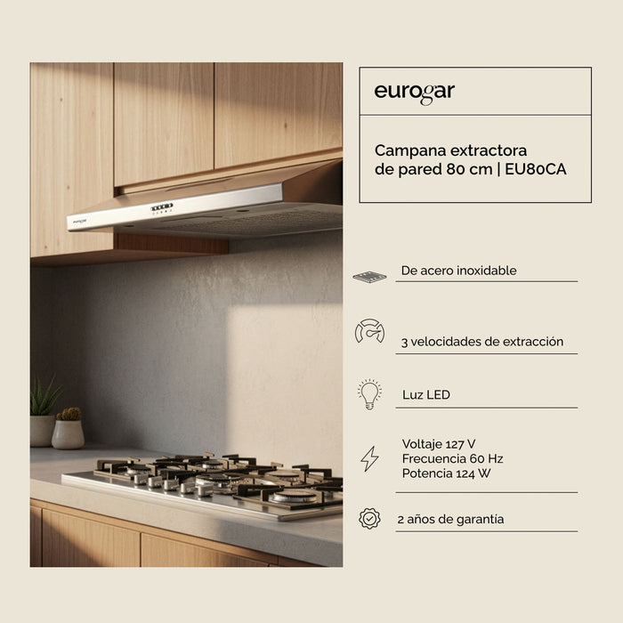 Campana de cocina de pared 80 cm, 180 m³/h de extracción, acero inoxidable