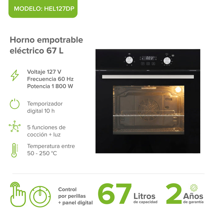 Horno empotrable eléctrico 67 L con temporizador digital y 6 funciones 1800 W 127 V