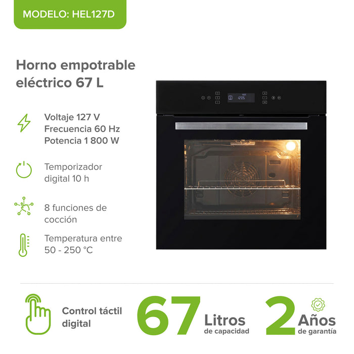 Horno empotrable eléctrico 67 L control táctil y 8 funciones 1800 W 127 V