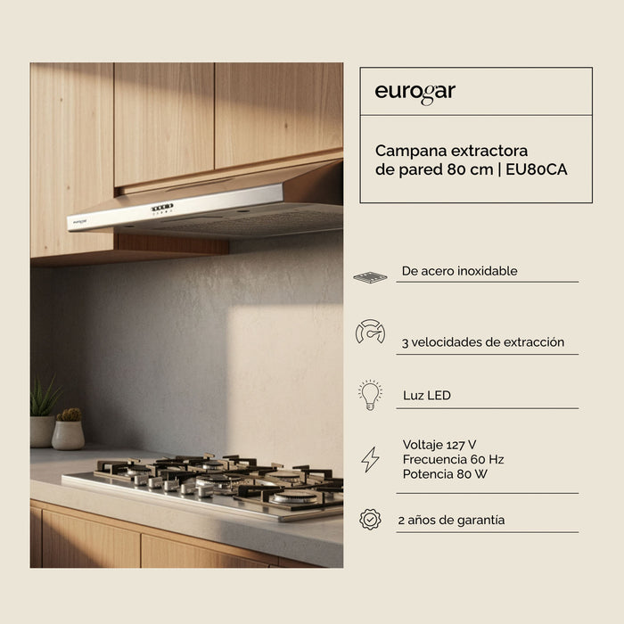 Campana de cocina de pared 80 cm, 180 m³/h de extracción, acero inoxidable - eurogar
