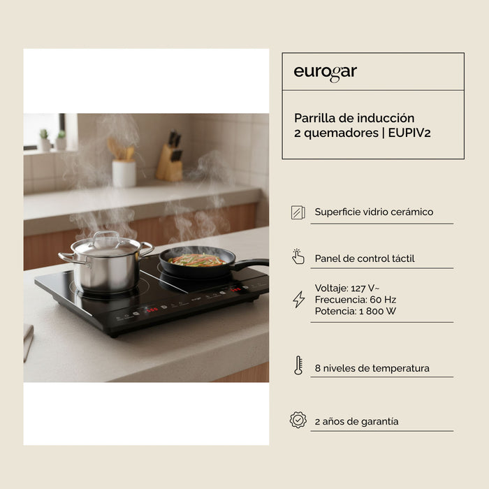 Parrilla de inducción 2 quemadores 60 cm 1800 W 127 V