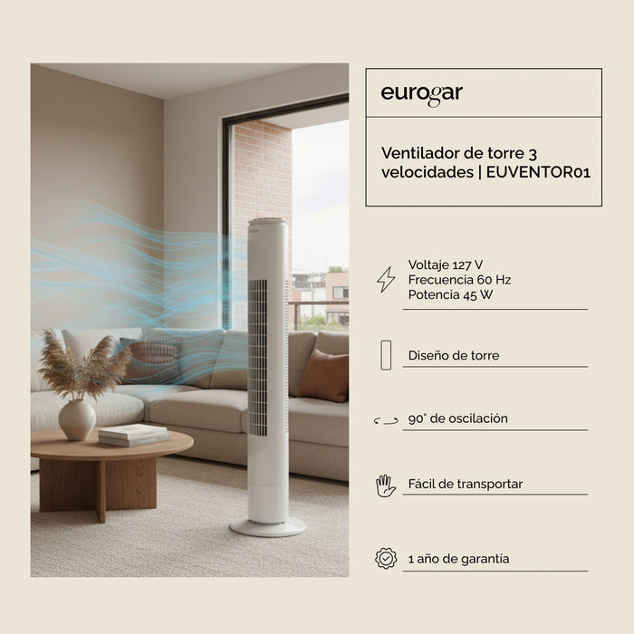 Ventilador de torre 89 cm 3 velocidades con oscilación 90°