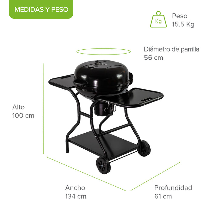 Asador de carbón de 22" con termómetro, bandeja de cenizas y mesas laterales de acero inoxidable