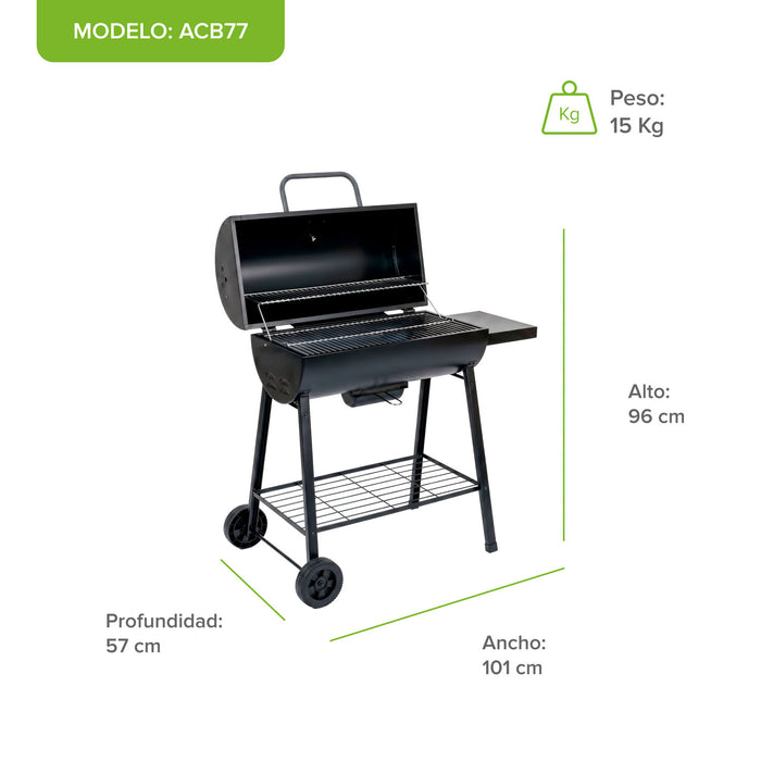 Asador de carbón tipo tambor 101 cm con termómetro, bandeja de cenizas y mesa lateral