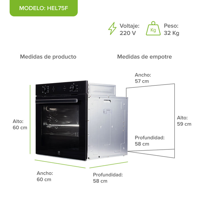 Horno empotrable eléctrico 75 L 220 V digital con freidora de aire y 8 funciones integradas