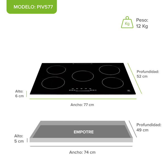 Combo Parrilla de inducción 5 quemadores con booster 77 cm + Horno eléctrico 67 L 127 V