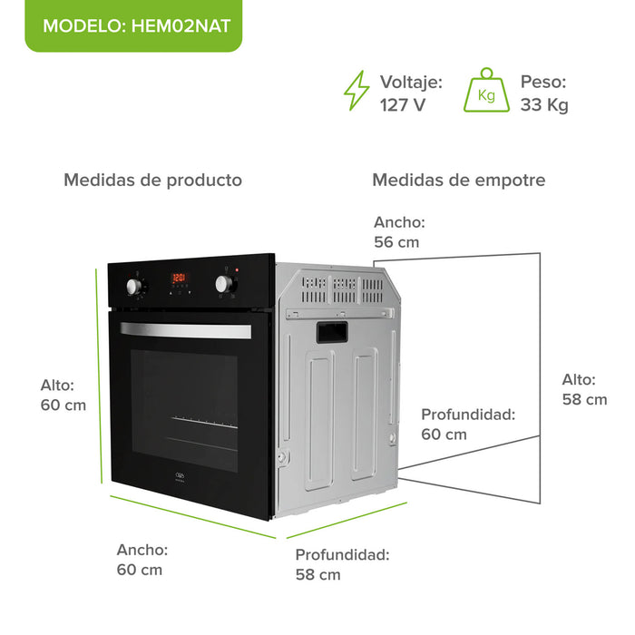 Horno empotrable mixto gas natural y eléctrico 127 V 60 cm digital 58 L