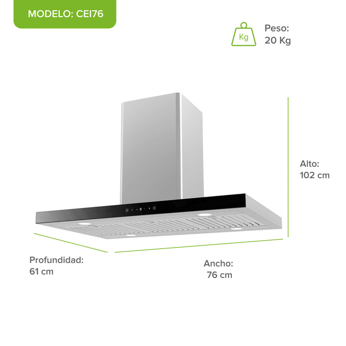Campana de cocina para isla tipo T 76 cm control táctil y de gestos, potencia motor 230 W acero inoxidable