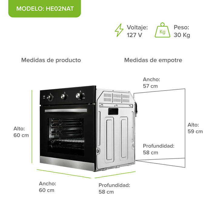 Horno empotrable a gas natural 58 L con doble zona de quemadores