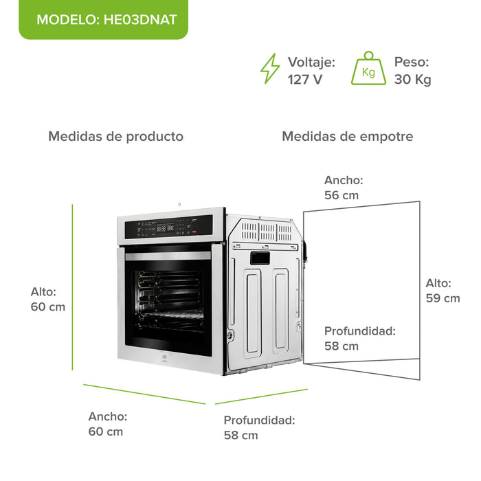 Diagrama de dimensiones del horno Avera empotrable a gas natural HE03DNAT: medidas del producto (60x60x58 cm) y de empotre (59x56x58 cm).