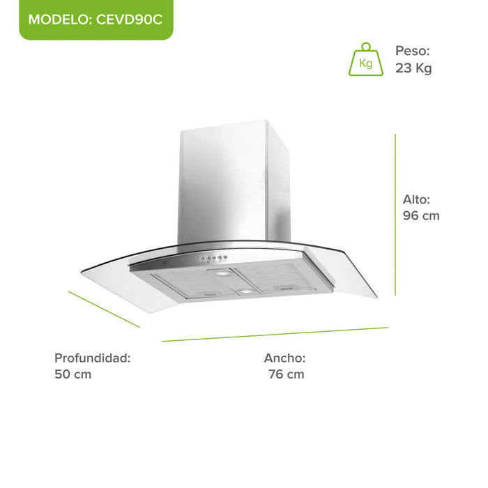 Campana de cocina para isla curva 76 cm, 780 m3/h de extracción acero inoxidable y vidrio templado, acero inoxidable