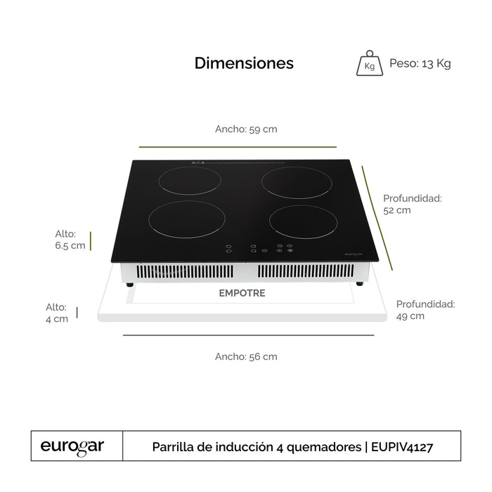Parrilla de inducción 4 quemadores 59 cm 3600 W 127 V - eurogar