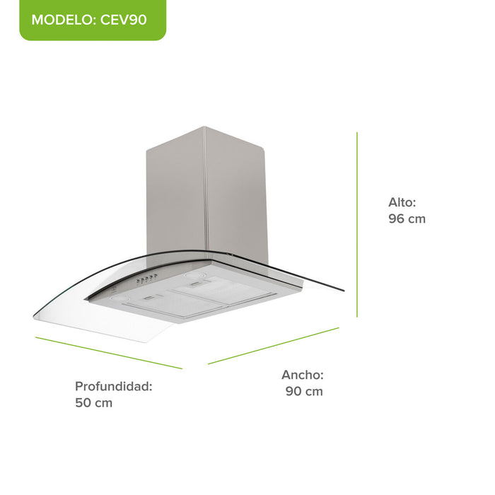 Campana de pared curva de 90 cm en acero inoxidable y vidrio templado con medidas de alto, ancho y profundidad.