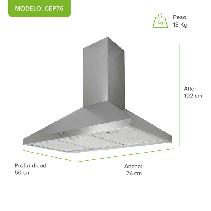 Campana de cocina de pared piramidal 76 cm en acero inoxidable, potencia motor 140 W
