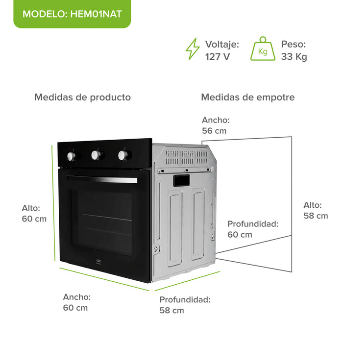 Horno empotrable mixto gas natural y eléctrico 127 V 60 cm con 3 perillas 58 L