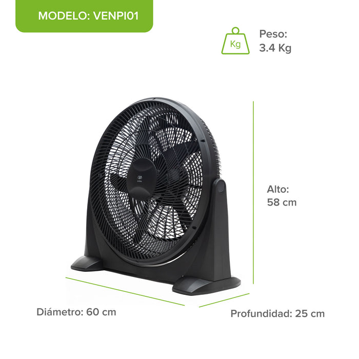 Ventilador de piso negro VENPI01 con 5 aspas, 3 velocidades. Dimensiones: 60 cm diámetro, 58 cm alto, 25 cm profundidad, 3.4 Kg.