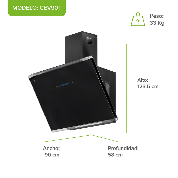 Campana de cocina de pared 90 cm de vidrio templado con tecnología sin contacto - negro