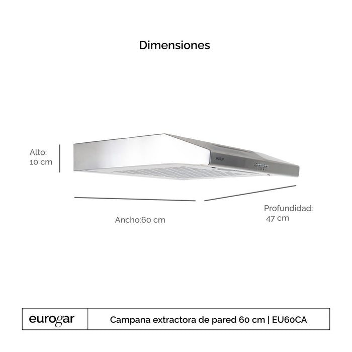 Campana de cocina de pared 60 cm, 250 m³/h de extracción, acero inoxidable