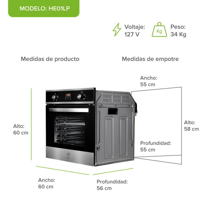 Medidas de horno empotrable a gas LP de 60cm con reloj digital y dimensiones técnicas de empotre de 58x55cm.