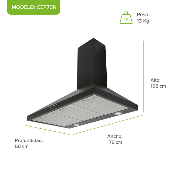 Campana de cocina de pared piramidal 76 cm en acero inoxidable, potencia motor 140 W - negro