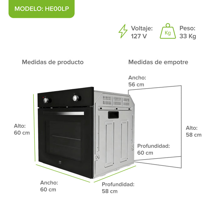 Horno empotrable a gas LP 60 cm con 2 perillas 58 L