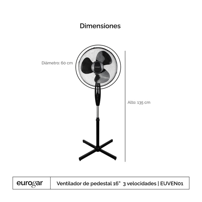 Ventilador de pedestal 16 pulgadas, 3 velocidades, oscilación 90° y altura ajustable