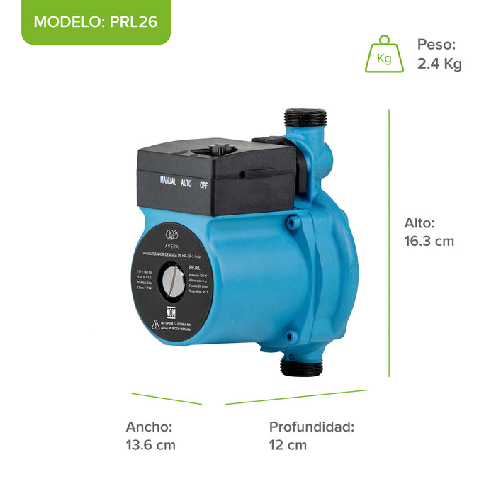 Bomba presurizadora de agua 26 Litros/Minuto 1/6 HP