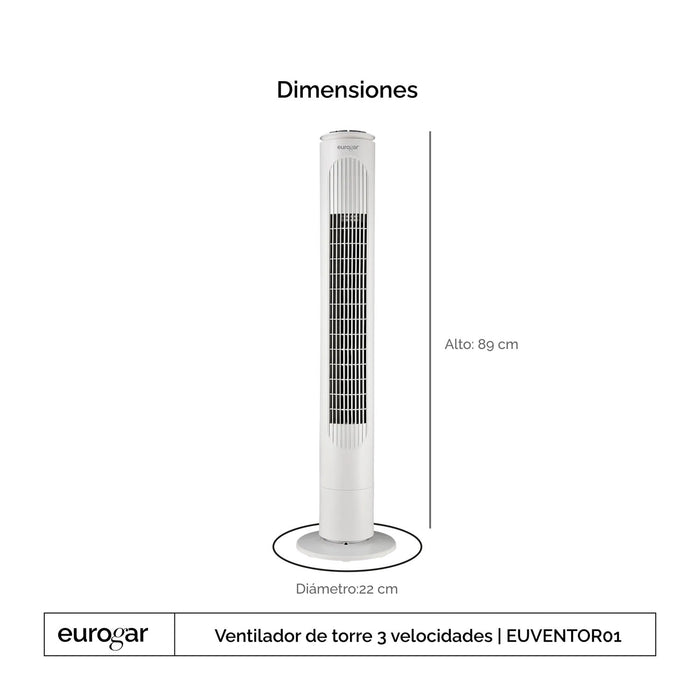 Ventilador de torre 89 cm 3 velocidades con oscilación 90°