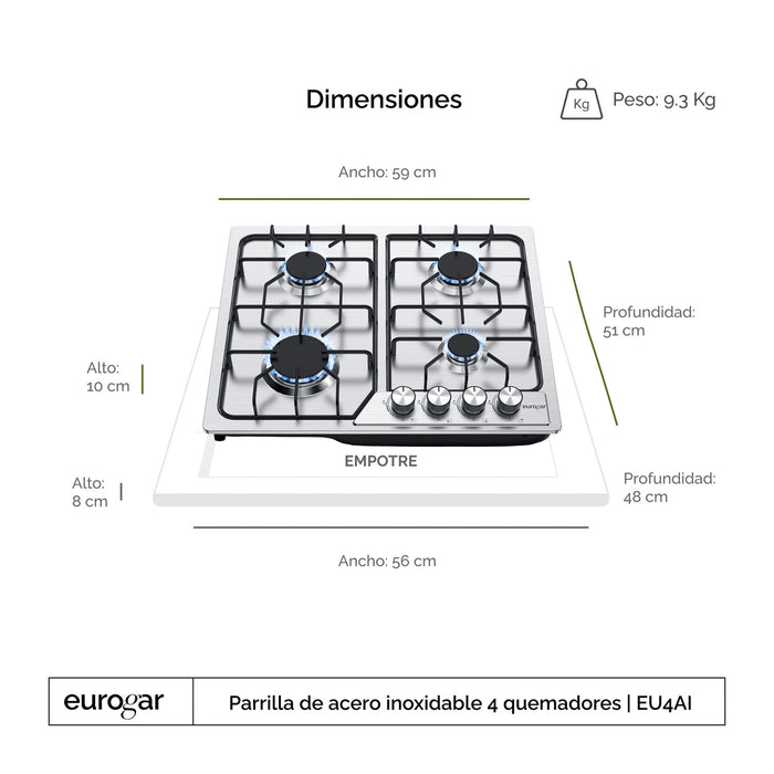 Parrilla de gas 4 quemadores 59 cm en acero inoxidable