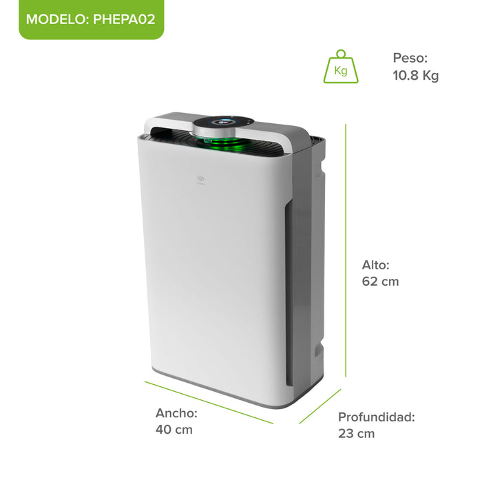 Purificador de aire Avera PHEPA02, blanco, con medidas de 62 cm de alto, 40 cm de ancho y 23 cm de profundidad, pesando 10.8 kg.