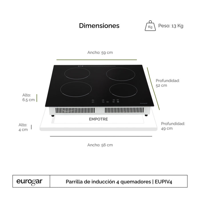 Parrilla de inducción 4 quemadores 59 cm 7000 W 220 V