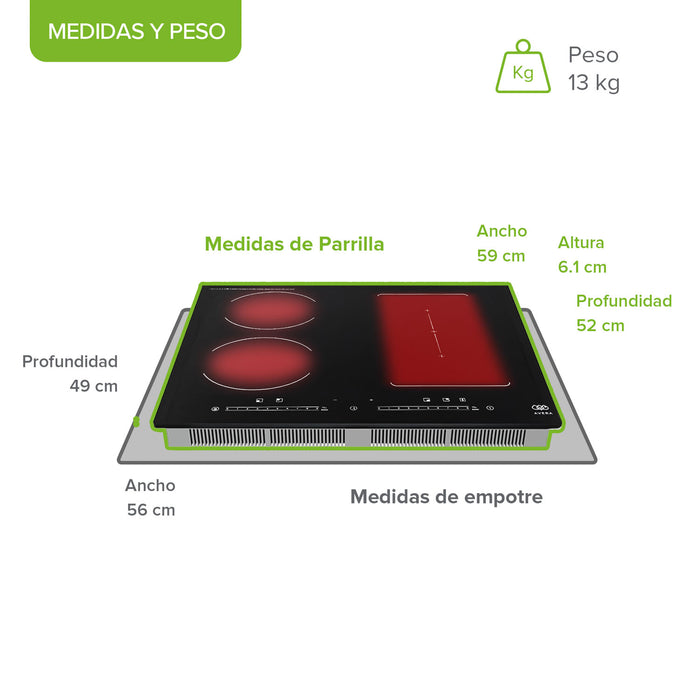 Parrilla de inducción 4 quemadores 1 zona flex 59 cm con función booster 7000 - 8000 W