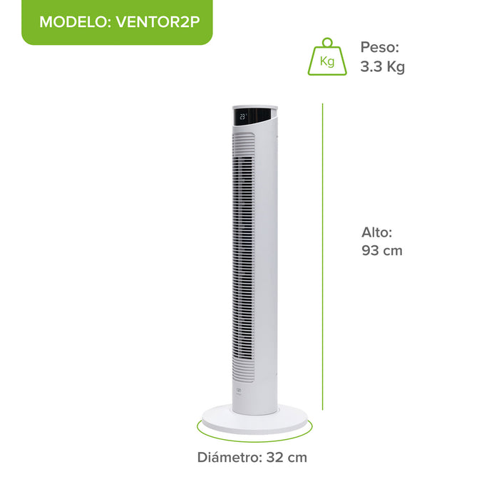 Dimensiones del ventilador de torre Avera: 93 cm alto, 32 cm diámetro, 3.3 Kg peso. Incluye pantalla LED.