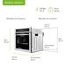 Diagrama detallando las medidas de producto (alto 60 cm, ancho 60 cm, profundidad 58 cm) y de empotre del horno digital de 58L.