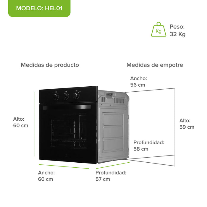 Horno empotrable eléctrico 67 L 3220 W 220 V con 9 funciones