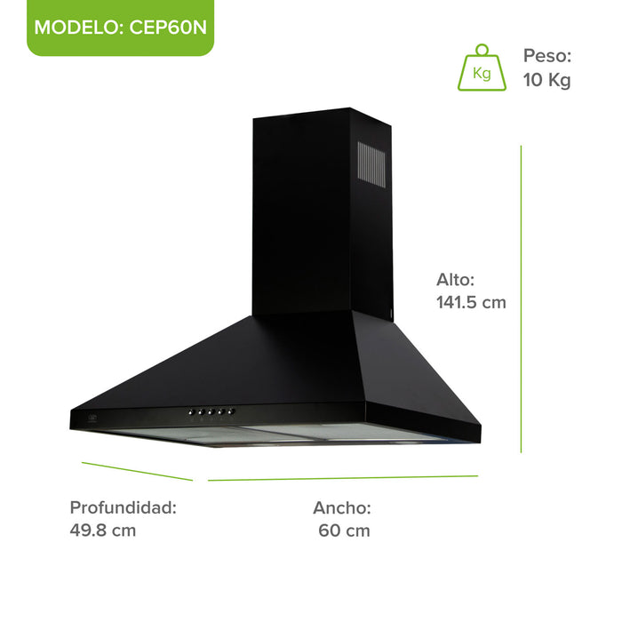 Campana de cocina de pared piramidal 60 cm en acero inoxidable - negro