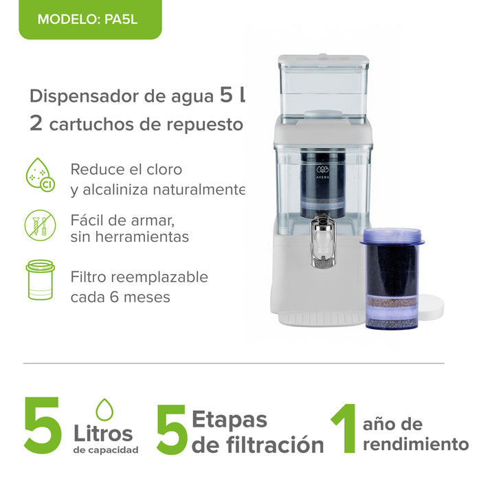 Combo Filtro dispensador de agua 5 L con 1 cartucho adicional - 1 año de rendimiento
