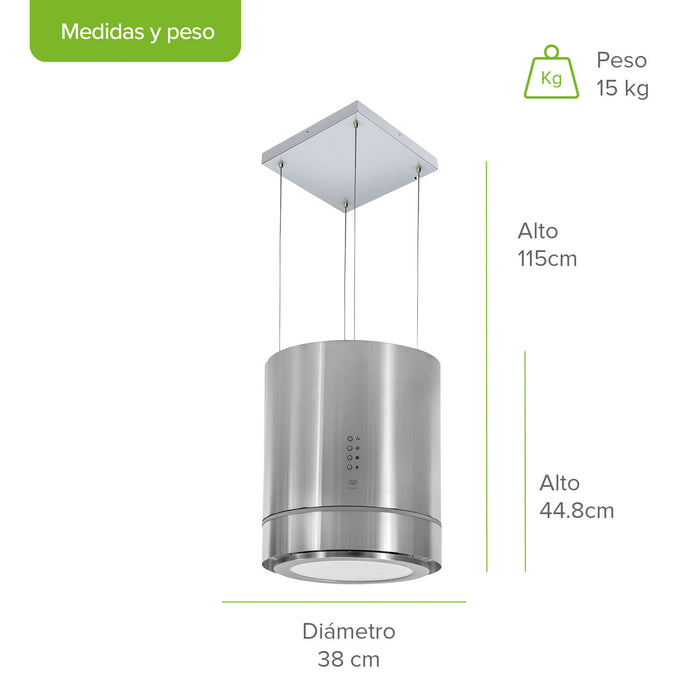 Campana de cocina de isla cilíndrica 38 cm acero inoxidable y lámpara decorativa