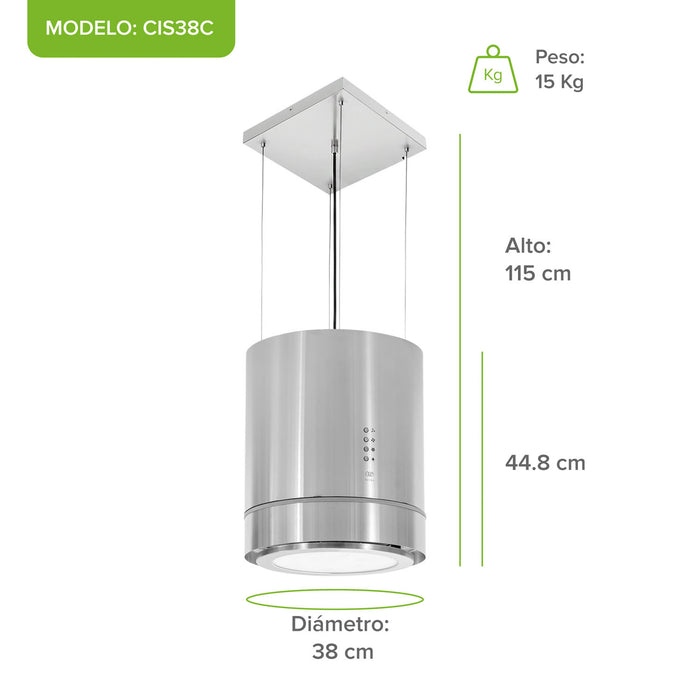 Campana de cocina para isla colgante cilíndrica 38 cm con lámpara decorativa, 850 m3/h de extracción acero inoxidable