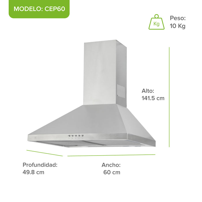Campana de cocina de pared piramidal 60 cm en acero inoxidable