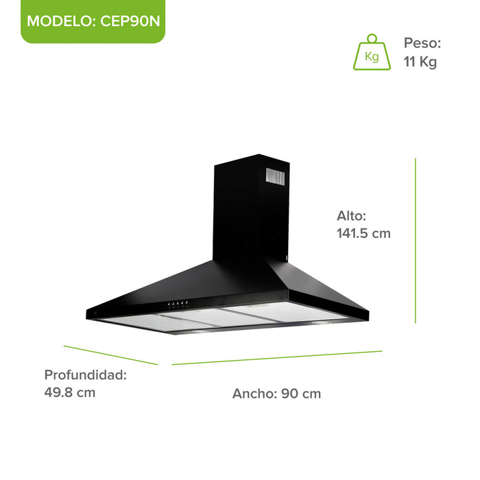 Campana de cocina de pared piramidal 90 cm en acero inoxidable - negro