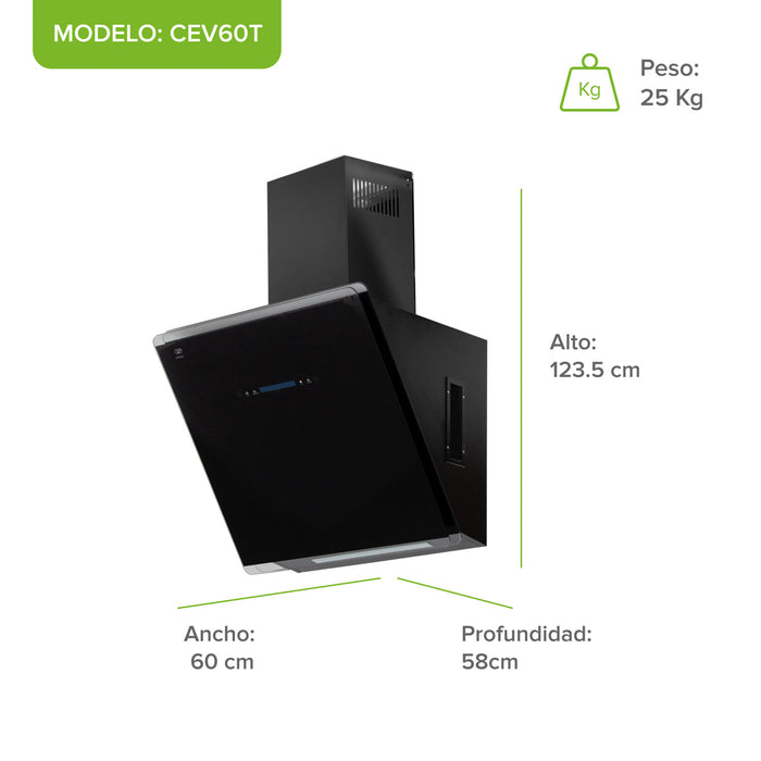 Campana de cocina de pared 60 cm de vidrio templado con tecnología sin contacto - negro