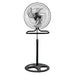 Ventilador 3 en 1 negro metálico en modo de pedestal con altura ajustable y aspas plateadas sobre fondo blanco.