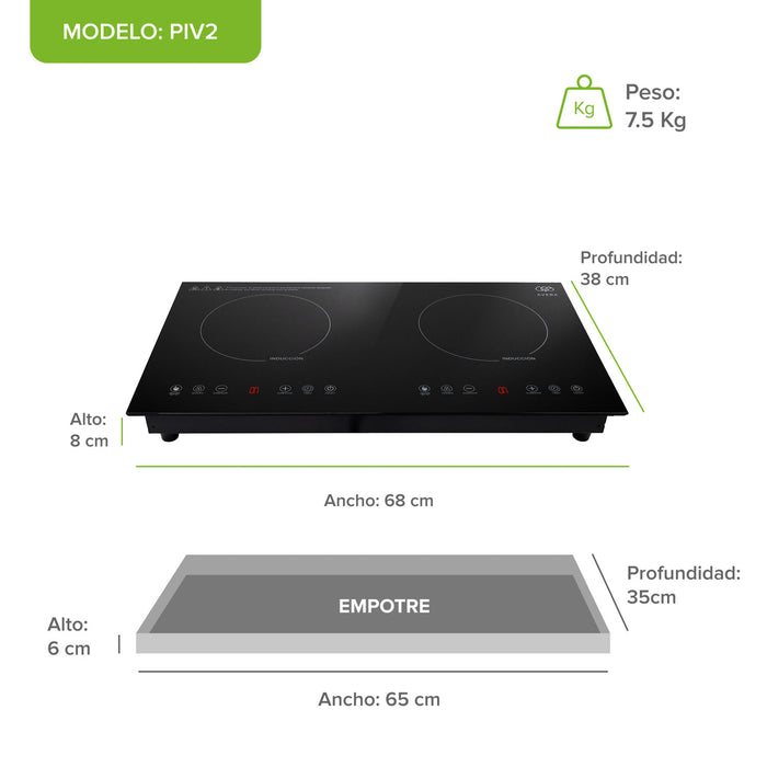 Parrilla de inducción 2 quemadores 68 cm horizontal 2000 W 120 V